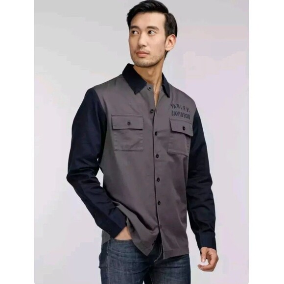 New HARLEY DAVIDSON Racing Colorblock Button Up Long Shirt Gray Navy Men’s M - Picture 3 of 4